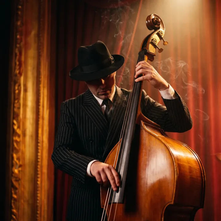 Upright bass player in period dress