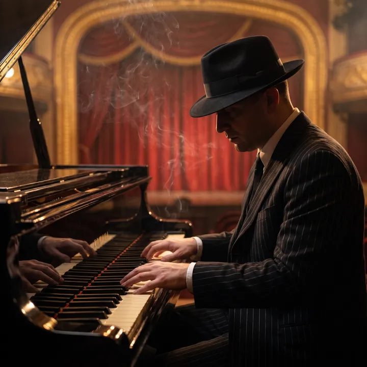 Pianist at a grand piano in period dress