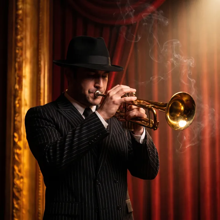 Trumpet player in period dress