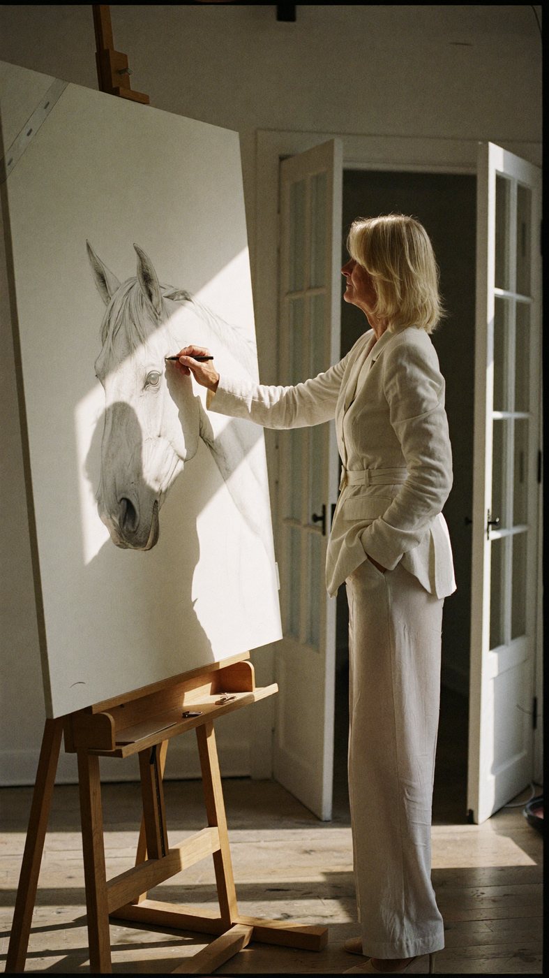Janina Pazdan in her studio, brush in hand, beside a large canvas in morning light