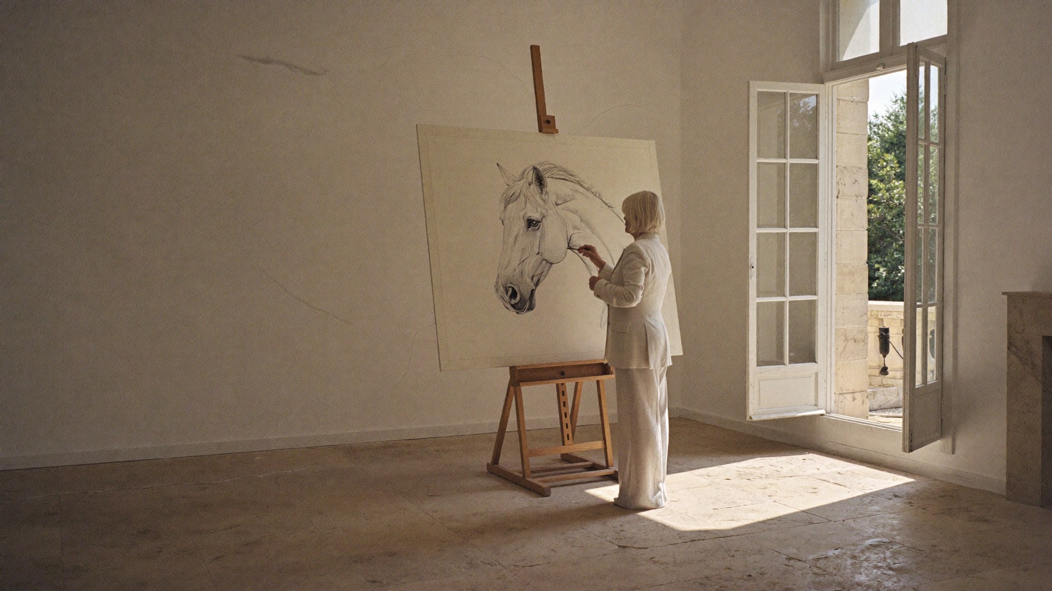Janina Pazdan working at an easel beside open garden doors, canvas catching the afternoon sun