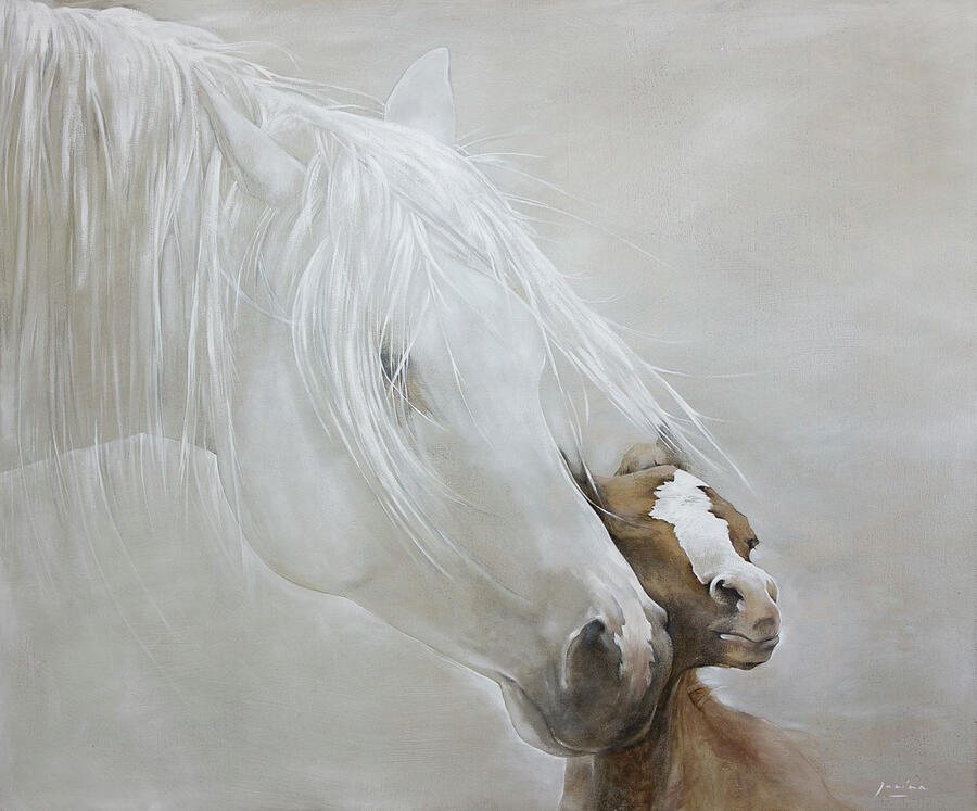 Gift of Love — a white mare with a foal resting against her