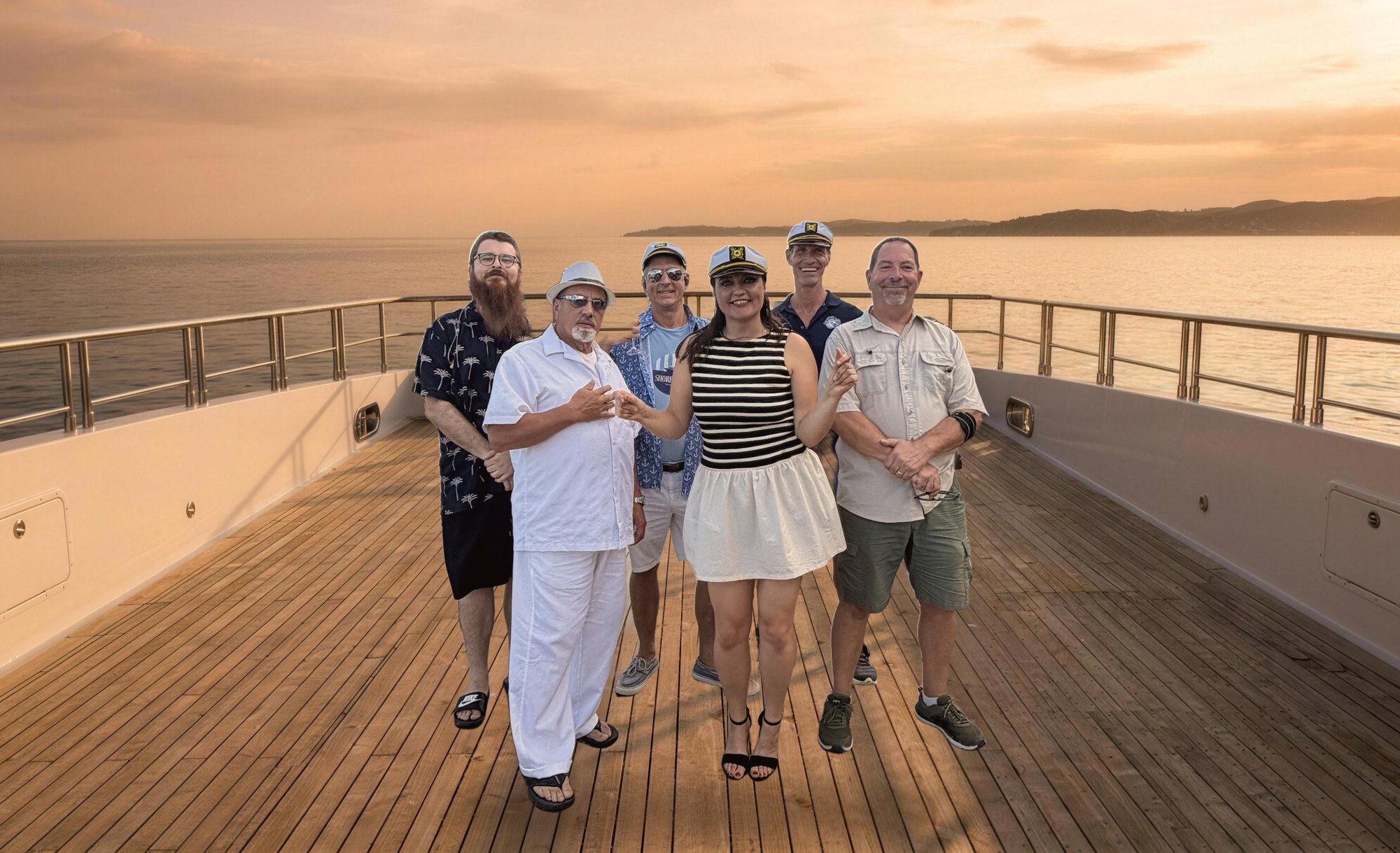 Shore Thing, a six-piece band, on a yacht deck at sunset