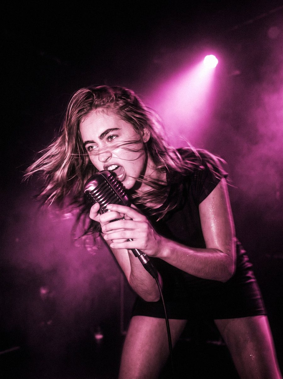 Victoria Grace mid-note, hair flying, gripping a vintage microphone