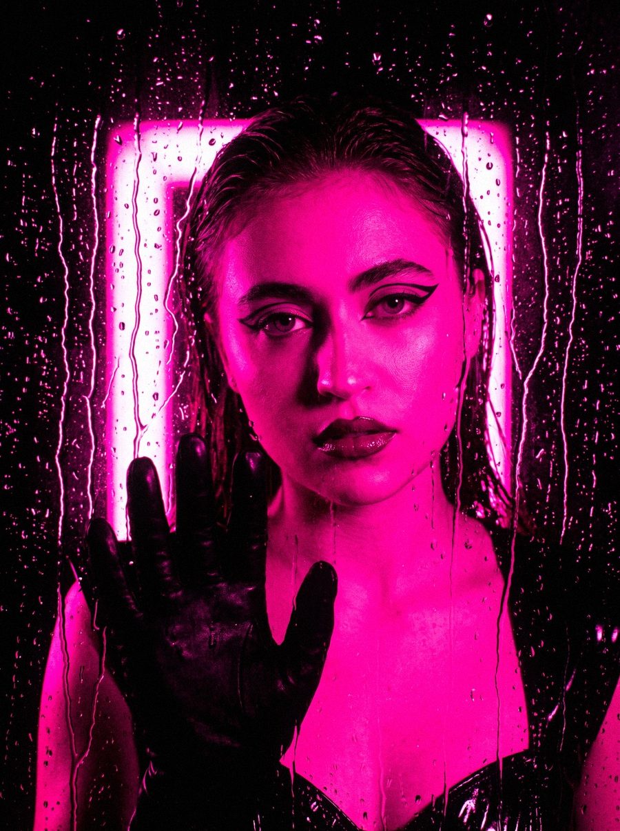 Victoria Grace behind rain-streaked glass lit by pink neon