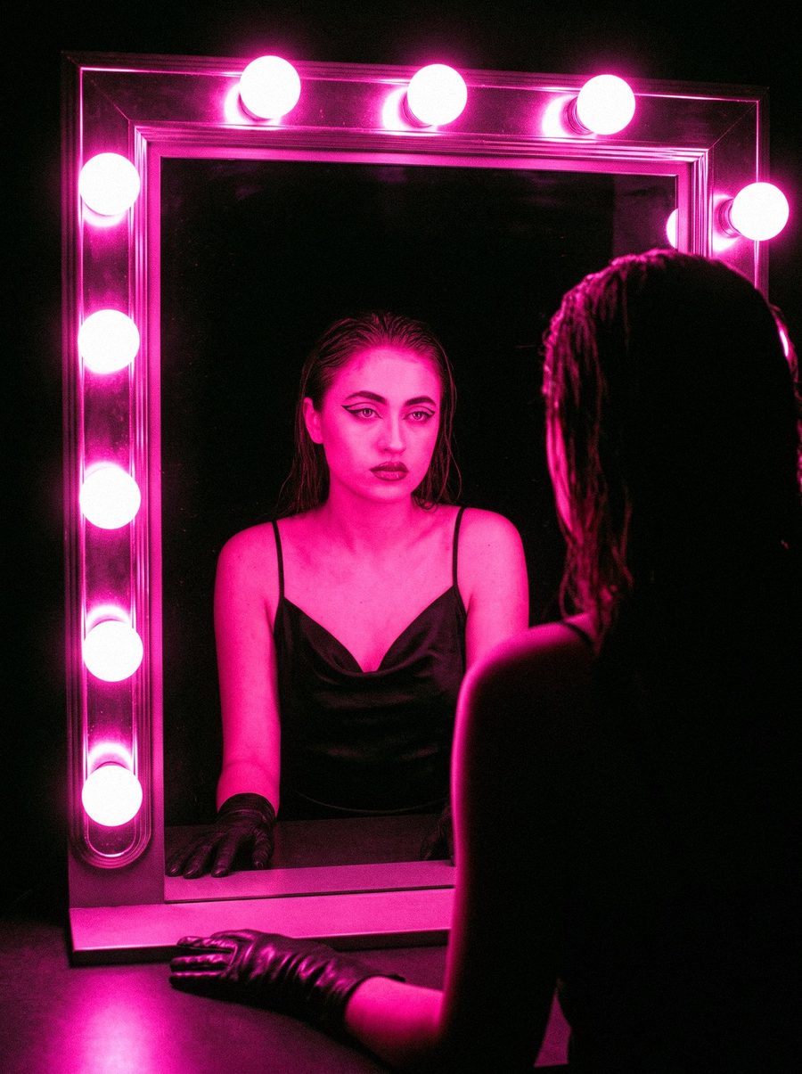 Victoria Grace at a dressing-room mirror ringed with pink bulbs